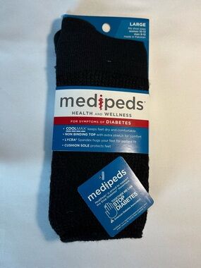 Medipeds Unisex Black Diabetic Wide Crew Socks 1 Pair Fits M 9-12 or W 10-13 New